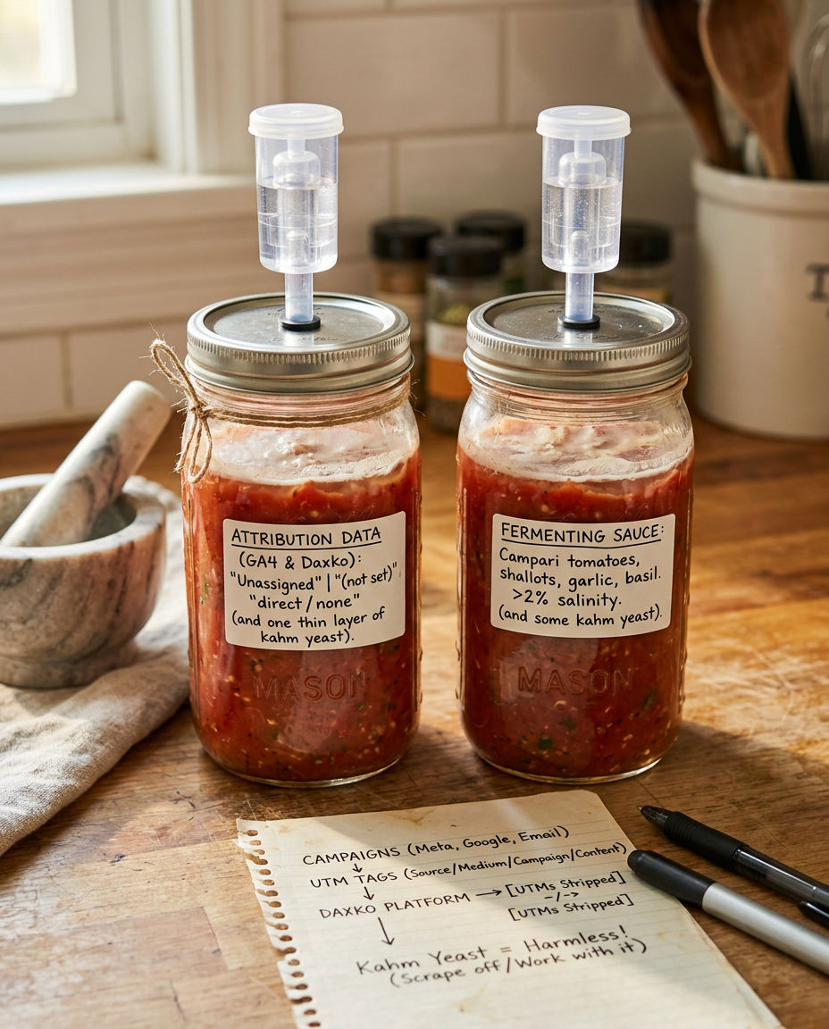 A jar of fermenting pasta sauce with a thin white film of kahm yeast on top