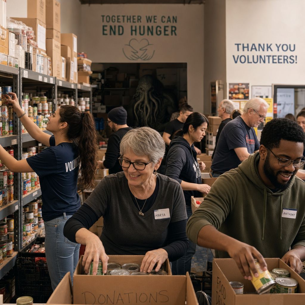 Volunteers sorting canned goods and supplies at a food bank
