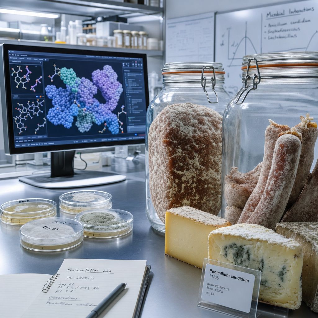 A lipid molecule model alongside food chemistry imagery
