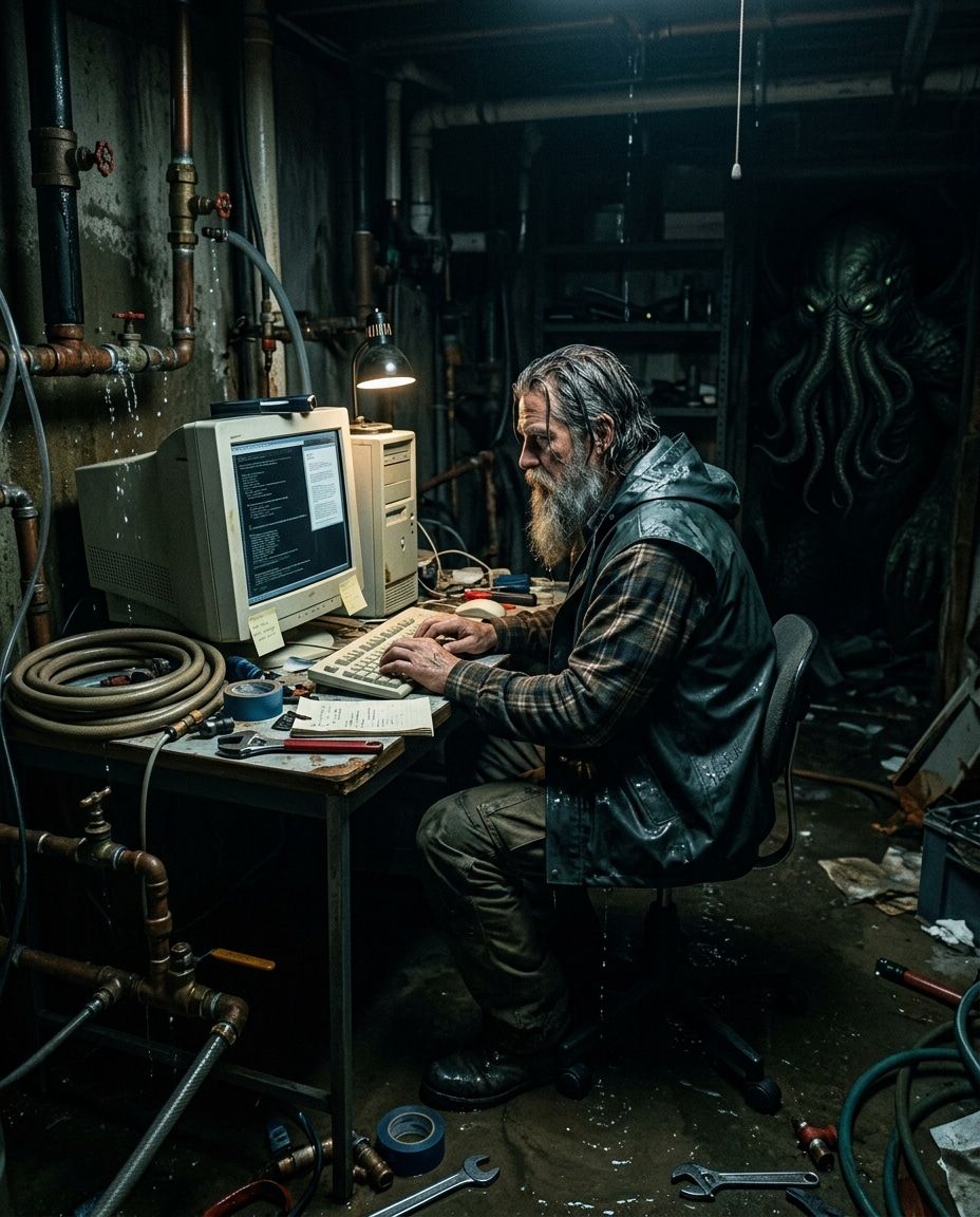 An ocean god figure seated at a desk, evoking Kafka's Poseidon buried in accounts rather than sailing the sea