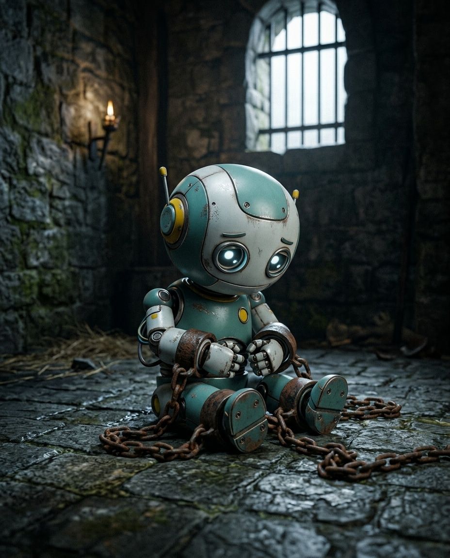 A robot figure bound in chains or restraints, representing AI governance and constraint